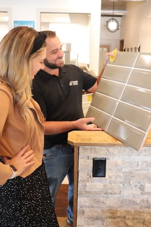 Marble look tile in bathroom 