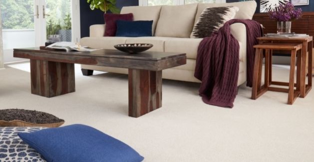 casual family room with stain-resistant beige carpet, purple and blue accents